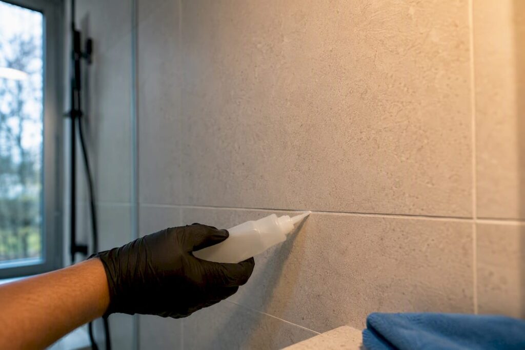 Technician applying sealer along shower grout