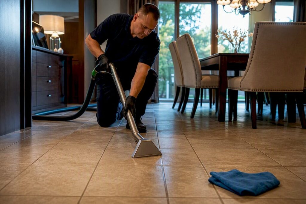 Technician extracting soil from tiled grout