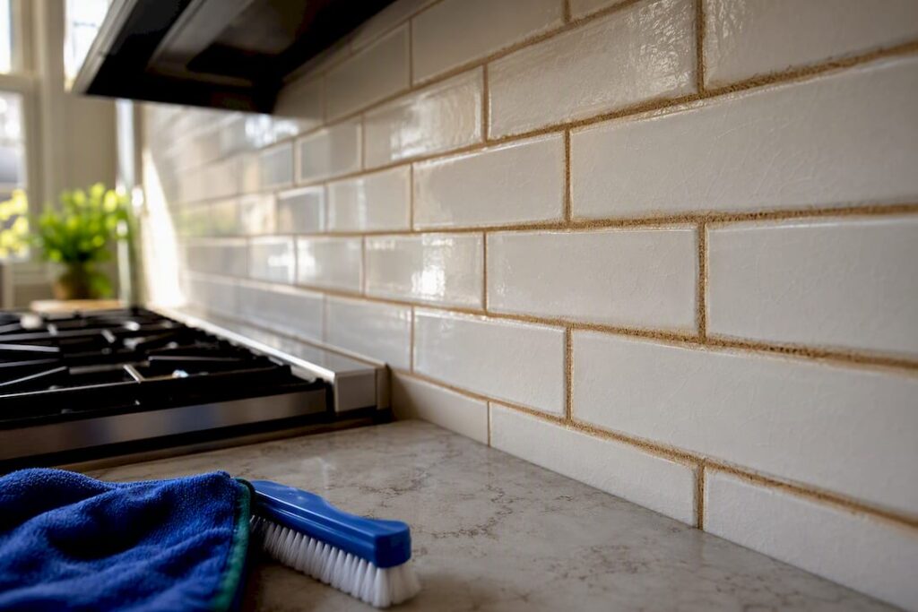 Amber grout discoloration on kitchen backsplash