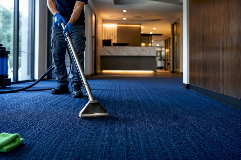 Technician cleaning commercial carpet to professional standards