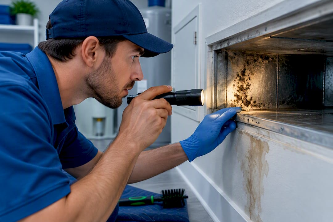 Technician inspecting mold inside air duct