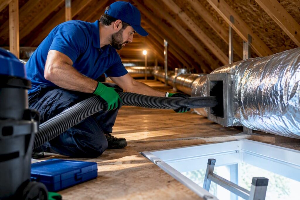 Technician cleaning residential attic ductwork