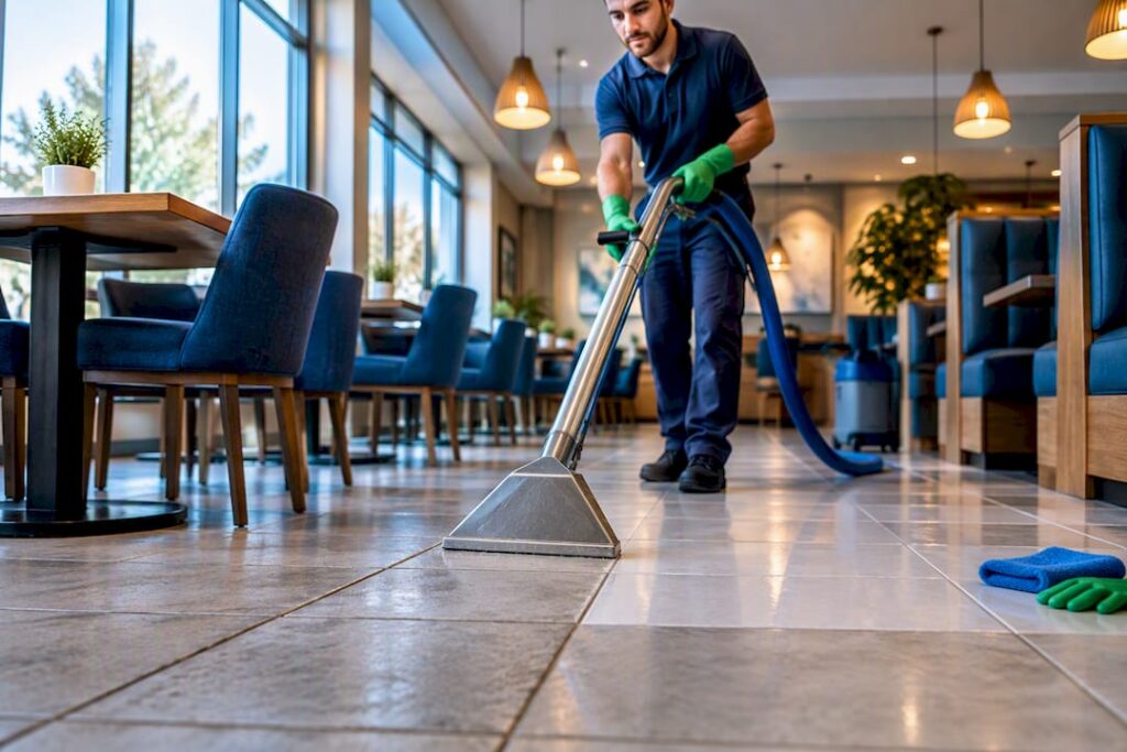 Technician cleaning tile in commercial dining room