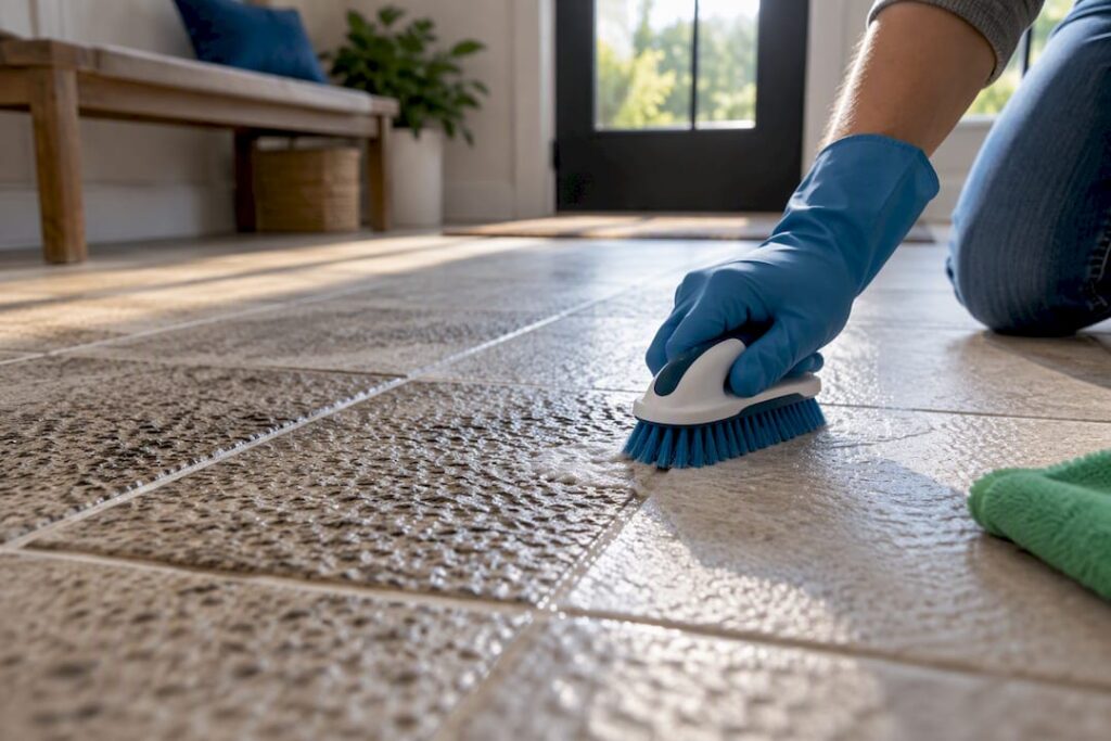 Homeowner scrubbing textured tile floor