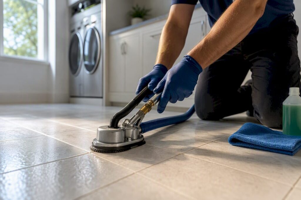 Technician cleaning grout in Barrington home