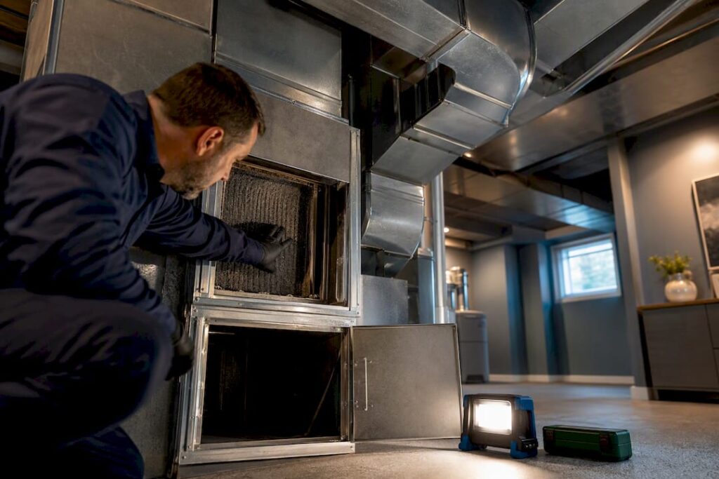Technician inspecting open duct cleaning access