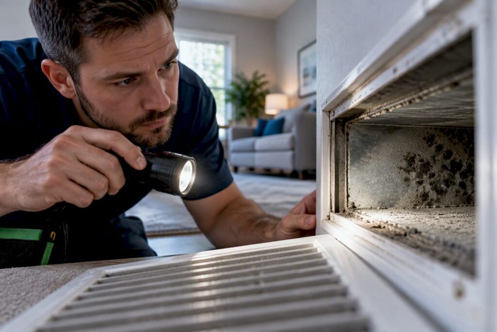 Technician inspecting dusty supply register