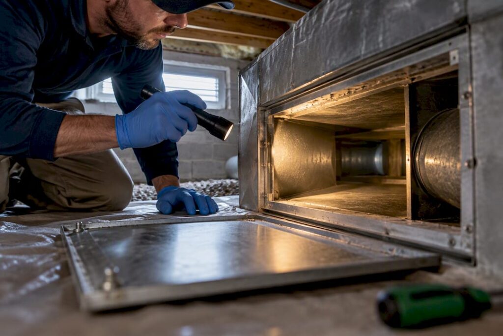 Technician inspecting residential air duct components