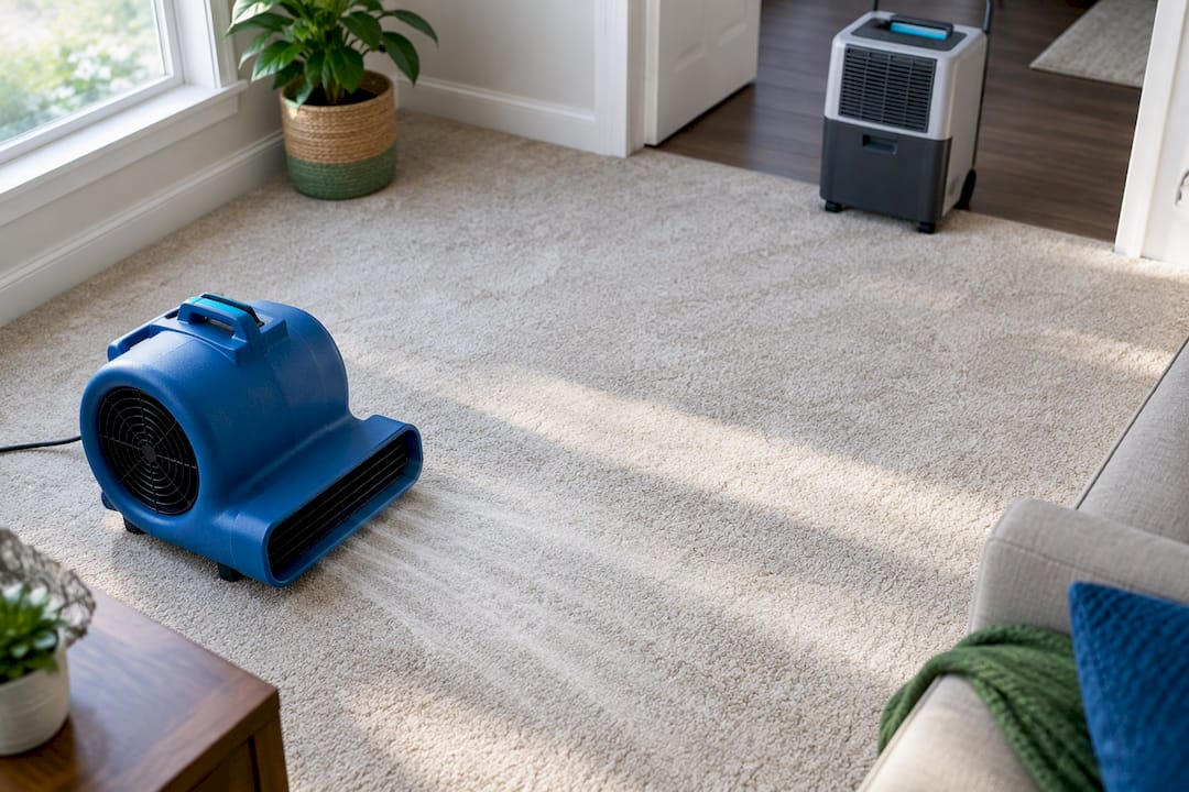 Air mover drying freshly cleaned carpet