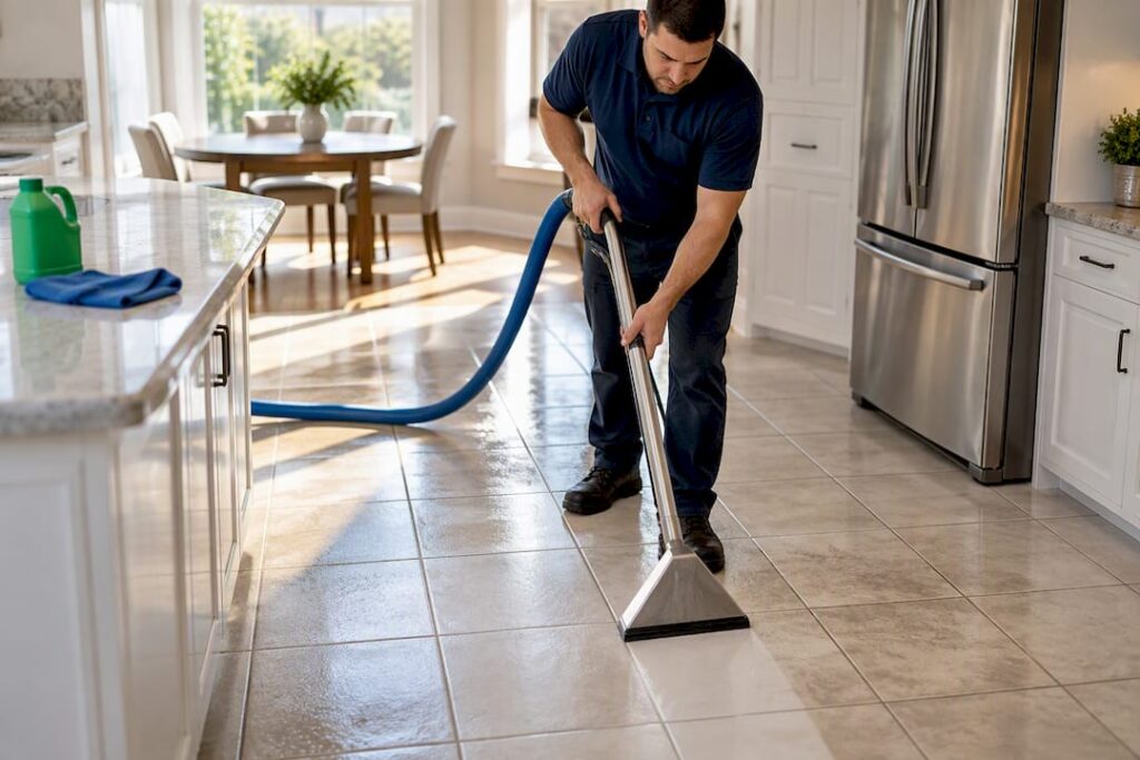 Technician restoring tile and grout flooring