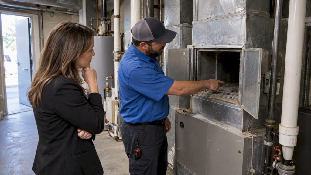 Property manager reviewing multi-unit duct contamination