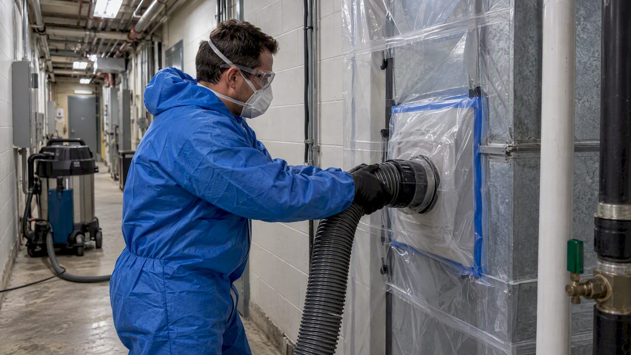 Technician containing contaminated HVAC duct opening