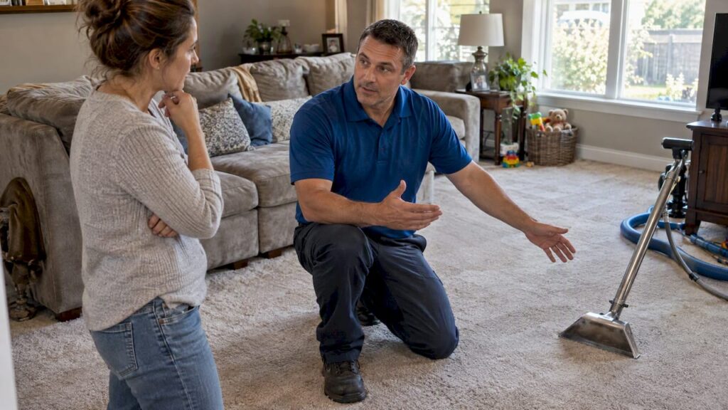 Parent asks technician about carpet cleaning