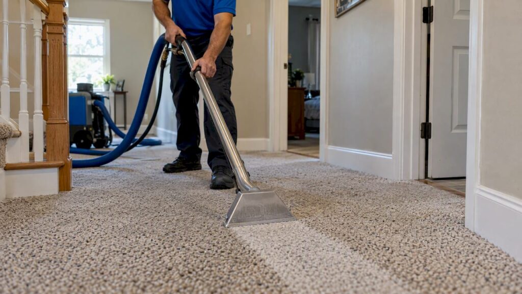 Technician cleaning Berber carpet in a hallway