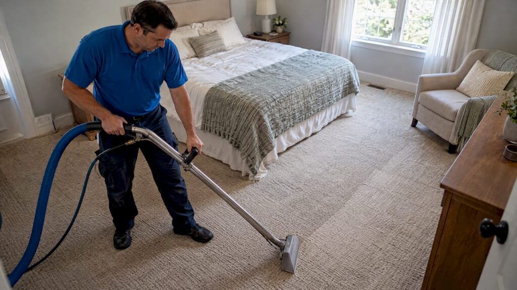 Technician cleaning a wool carpet at home