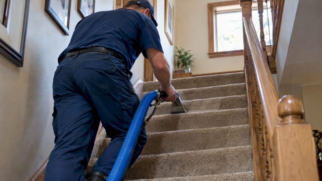 Technician cleaning carpeted residential stairs