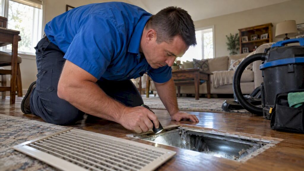 Technician inspecting an open home air duct