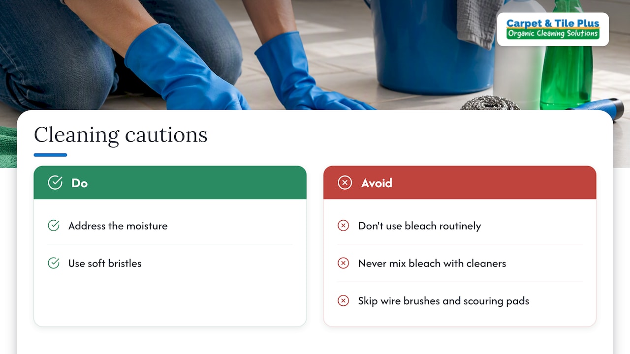 Grout cleaning cautions and soft-bristle advice